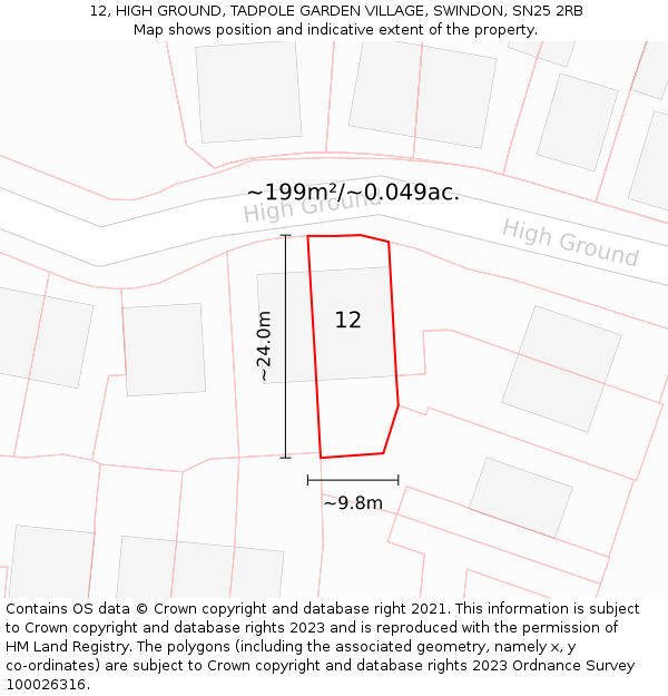 12, HIGH GROUND, TADPOLE GARDEN VILLAGE, SWINDON, SN25 2RB: Plot and title map