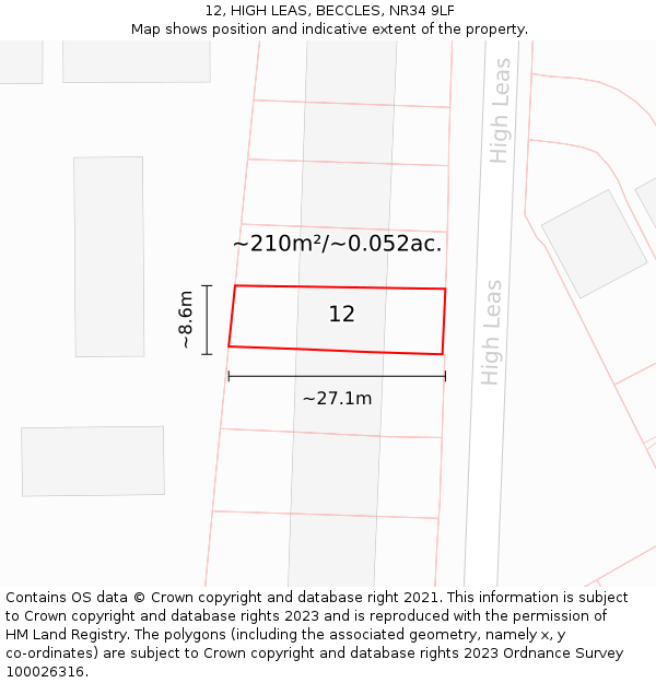 12, HIGH LEAS, BECCLES, NR34 9LF: Plot and title map