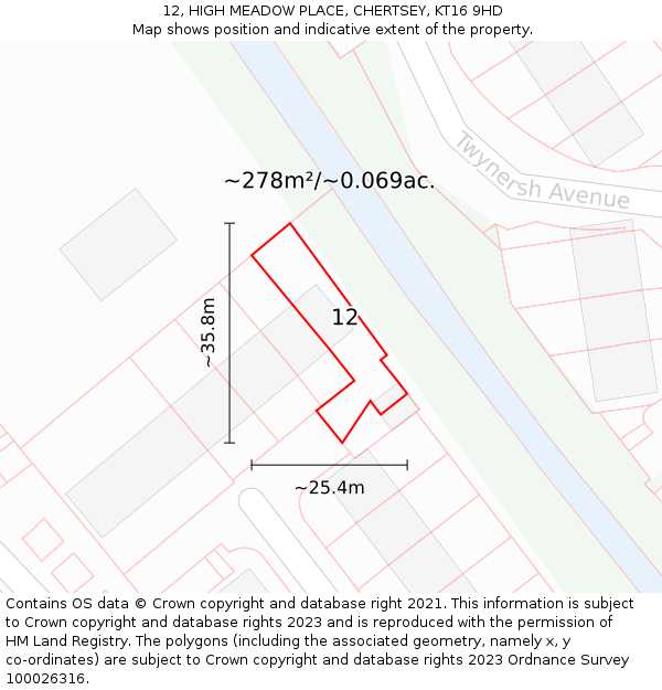 12, HIGH MEADOW PLACE, CHERTSEY, KT16 9HD: Plot and title map