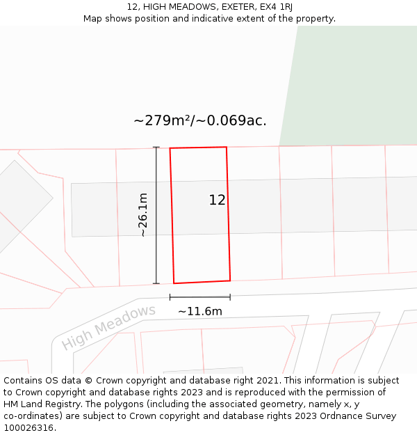 12, HIGH MEADOWS, EXETER, EX4 1RJ: Plot and title map