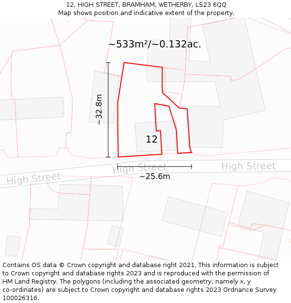 12, HIGH STREET, BRAMHAM, WETHERBY, LS23 6QQ: Plot and title map
