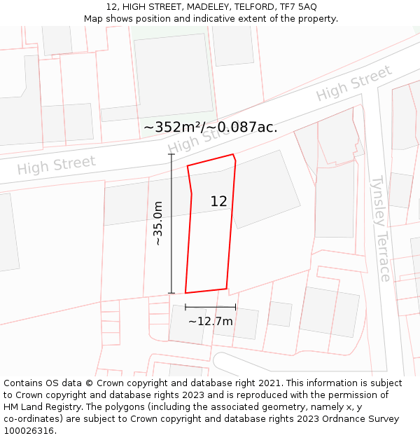 12, HIGH STREET, MADELEY, TELFORD, TF7 5AQ: Plot and title map