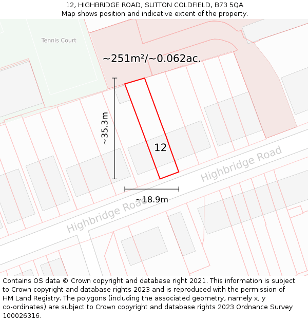 12, HIGHBRIDGE ROAD, SUTTON COLDFIELD, B73 5QA: Plot and title map