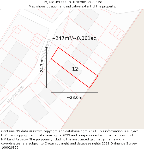 12, HIGHCLERE, GUILDFORD, GU1 1XP: Plot and title map