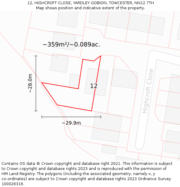 12, HIGHCROFT CLOSE, YARDLEY GOBION, TOWCESTER, NN12 7TH: Plot and title map