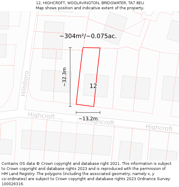 12, HIGHCROFT, WOOLAVINGTON, BRIDGWATER, TA7 8EU: Plot and title map