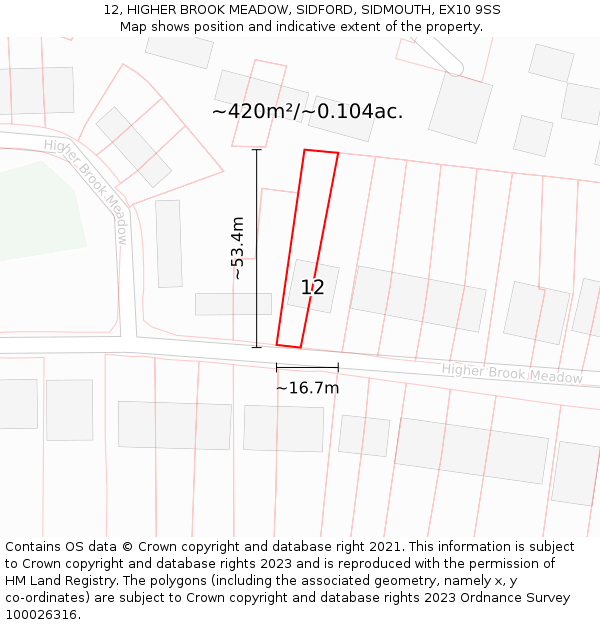 12, HIGHER BROOK MEADOW, SIDFORD, SIDMOUTH, EX10 9SS: Plot and title map