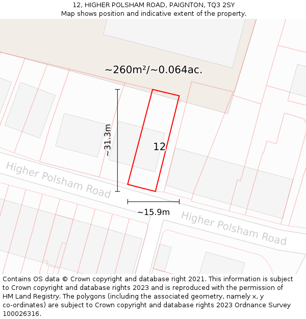 12, HIGHER POLSHAM ROAD, PAIGNTON, TQ3 2SY: Plot and title map