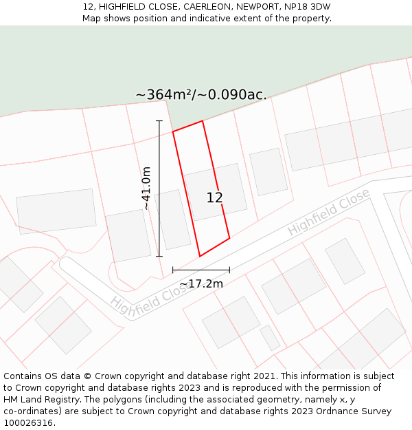 12, HIGHFIELD CLOSE, CAERLEON, NEWPORT, NP18 3DW: Plot and title map