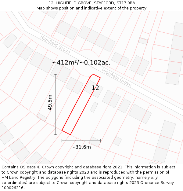 12, HIGHFIELD GROVE, STAFFORD, ST17 9RA: Plot and title map