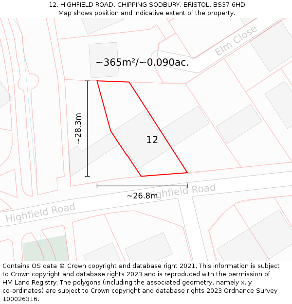 12, HIGHFIELD ROAD, CHIPPING SODBURY, BRISTOL, BS37 6HD: Plot and title map