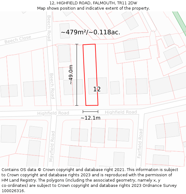 12, HIGHFIELD ROAD, FALMOUTH, TR11 2DW: Plot and title map