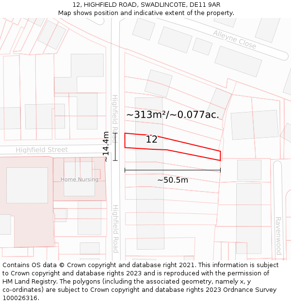 12, HIGHFIELD ROAD, SWADLINCOTE, DE11 9AR: Plot and title map