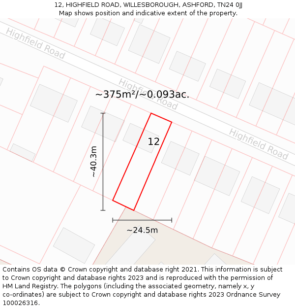 12, HIGHFIELD ROAD, WILLESBOROUGH, ASHFORD, TN24 0JJ: Plot and title map