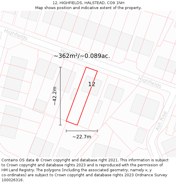 12, HIGHFIELDS, HALSTEAD, CO9 1NH: Plot and title map