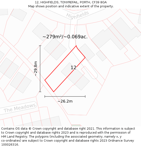 12, HIGHFIELDS, TONYREFAIL, PORTH, CF39 8GA: Plot and title map