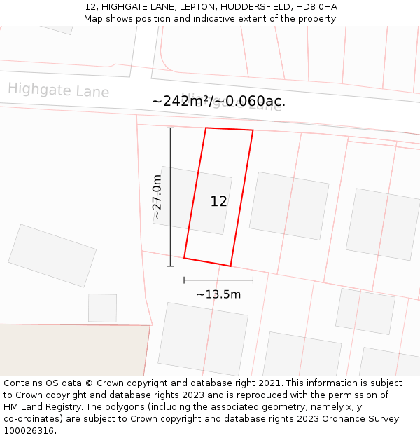 12, HIGHGATE LANE, LEPTON, HUDDERSFIELD, HD8 0HA: Plot and title map