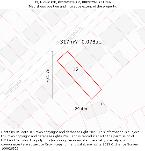 12, HIGHGATE, PENWORTHAM, PRESTON, PR1 0HY: Plot and title map