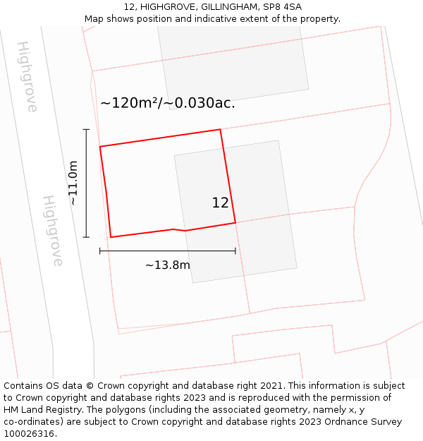 12, HIGHGROVE, GILLINGHAM, SP8 4SA: Plot and title map