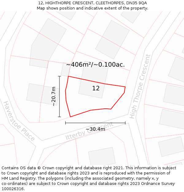 12, HIGHTHORPE CRESCENT, CLEETHORPES, DN35 9QA: Plot and title map