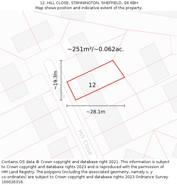 12, HILL CLOSE, STANNINGTON, SHEFFIELD, S6 6BH: Plot and title map