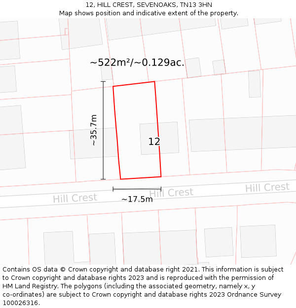 12, HILL CREST, SEVENOAKS, TN13 3HN: Plot and title map