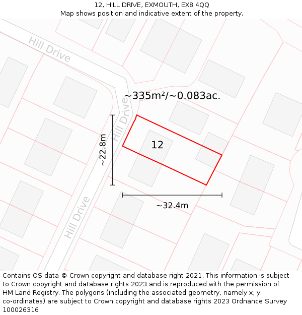 12, HILL DRIVE, EXMOUTH, EX8 4QQ: Plot and title map