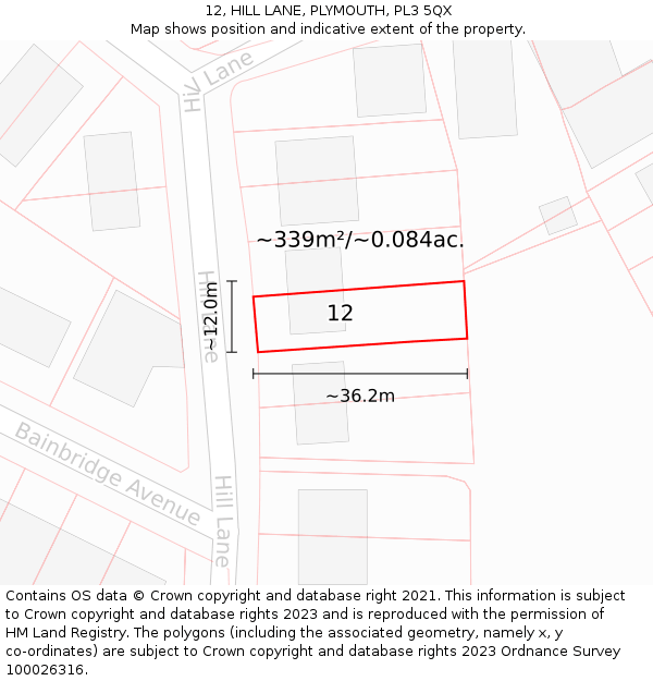 12, HILL LANE, PLYMOUTH, PL3 5QX: Plot and title map