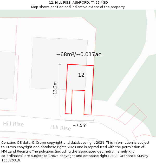 12, HILL RISE, ASHFORD, TN25 4GD: Plot and title map