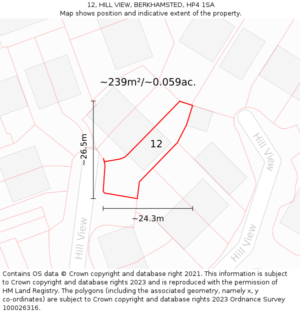 12, HILL VIEW, BERKHAMSTED, HP4 1SA: Plot and title map