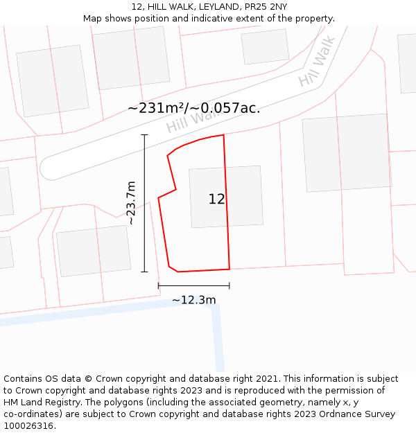 12, HILL WALK, LEYLAND, PR25 2NY: Plot and title map