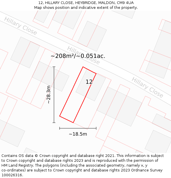 12, HILLARY CLOSE, HEYBRIDGE, MALDON, CM9 4UA: Plot and title map