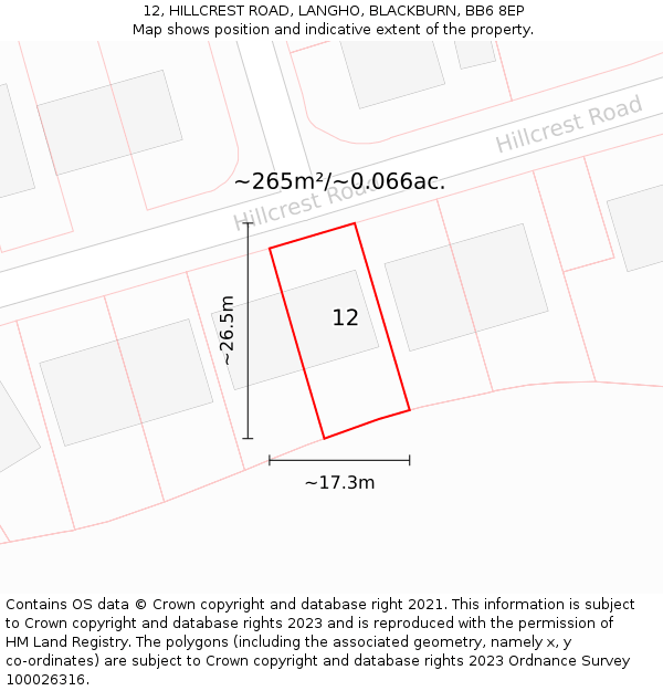 12, HILLCREST ROAD, LANGHO, BLACKBURN, BB6 8EP: Plot and title map