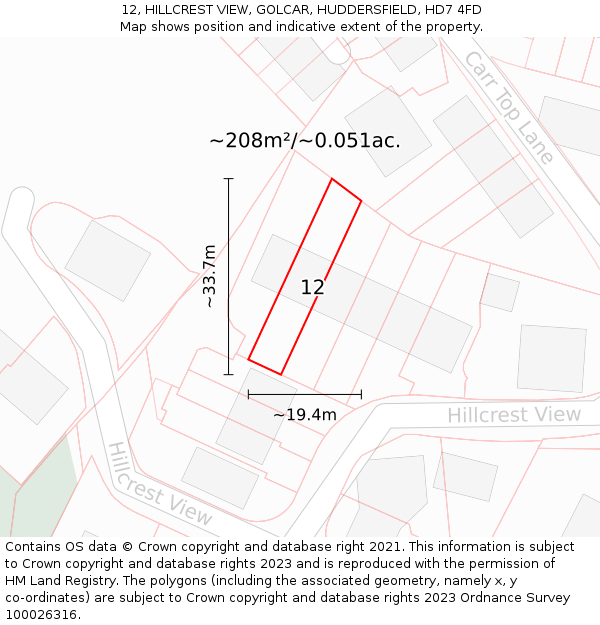 12, HILLCREST VIEW, GOLCAR, HUDDERSFIELD, HD7 4FD: Plot and title map