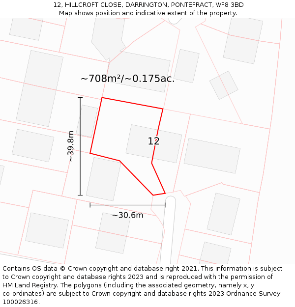 12, HILLCROFT CLOSE, DARRINGTON, PONTEFRACT, WF8 3BD: Plot and title map