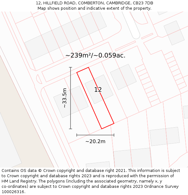 12, HILLFIELD ROAD, COMBERTON, CAMBRIDGE, CB23 7DB: Plot and title map