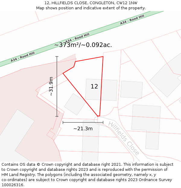 12, HILLFIELDS CLOSE, CONGLETON, CW12 1NW: Plot and title map