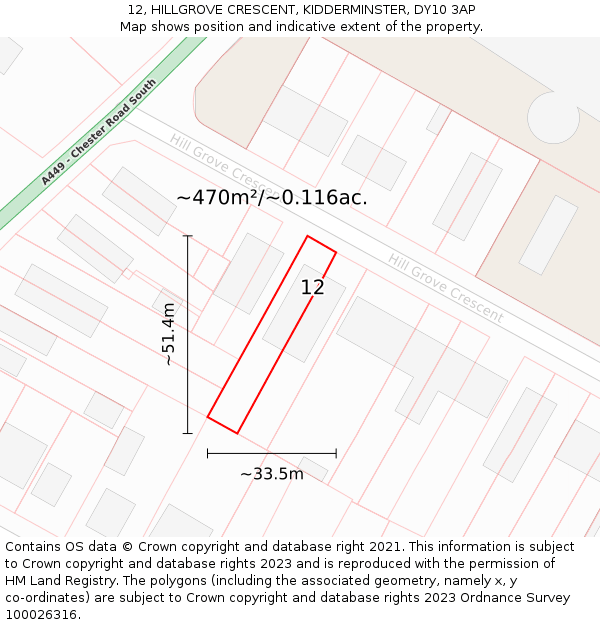 12, HILLGROVE CRESCENT, KIDDERMINSTER, DY10 3AP: Plot and title map
