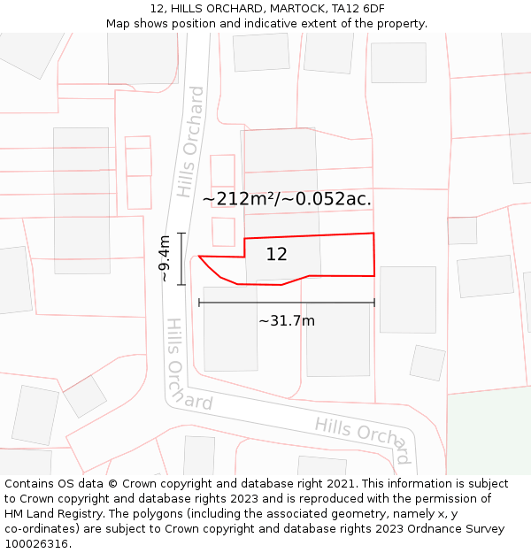 12, HILLS ORCHARD, MARTOCK, TA12 6DF: Plot and title map