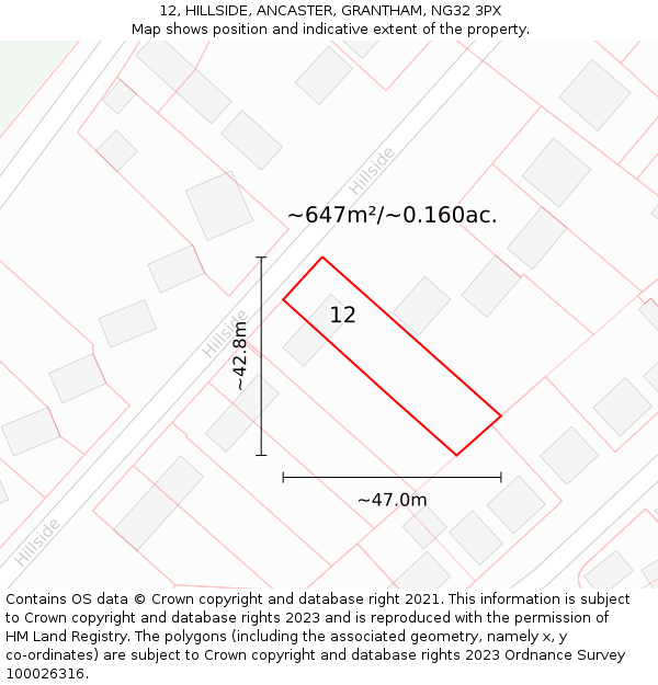 12, HILLSIDE, ANCASTER, GRANTHAM, NG32 3PX: Plot and title map