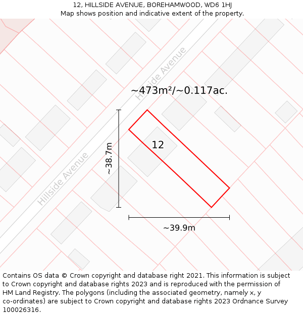 12, HILLSIDE AVENUE, BOREHAMWOOD, WD6 1HJ: Plot and title map