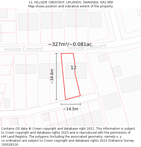 12, HILLSIDE CRESCENT, UPLANDS, SWANSEA, SA2 0RD: Plot and title map