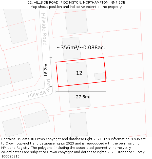 12, HILLSIDE ROAD, PIDDINGTON, NORTHAMPTON, NN7 2DB: Plot and title map