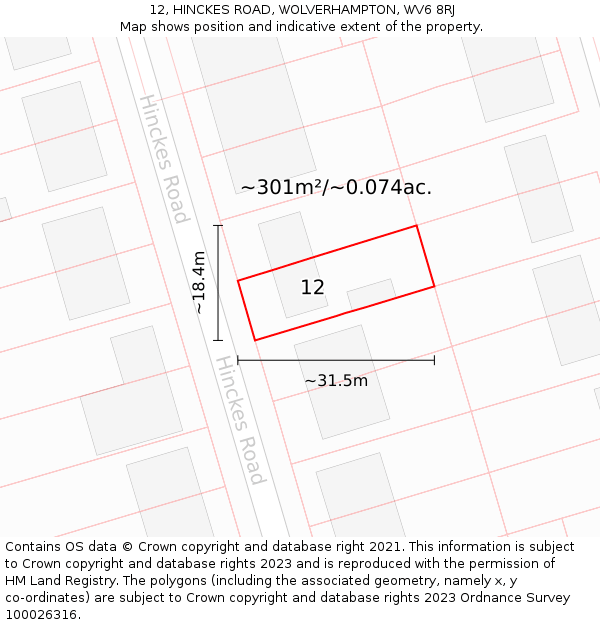 12, HINCKES ROAD, WOLVERHAMPTON, WV6 8RJ: Plot and title map