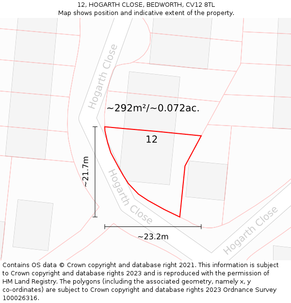 12, HOGARTH CLOSE, BEDWORTH, CV12 8TL: Plot and title map