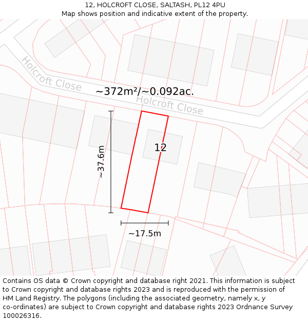12, HOLCROFT CLOSE, SALTASH, PL12 4PU: Plot and title map