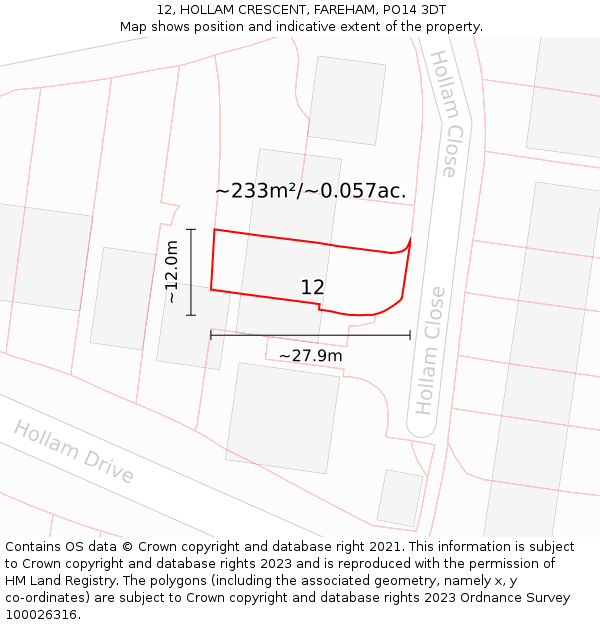 12, HOLLAM CRESCENT, FAREHAM, PO14 3DT: Plot and title map