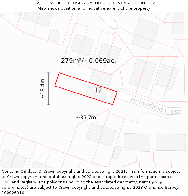 12, HOLMEFIELD CLOSE, ARMTHORPE, DONCASTER, DN3 3JZ: Plot and title map