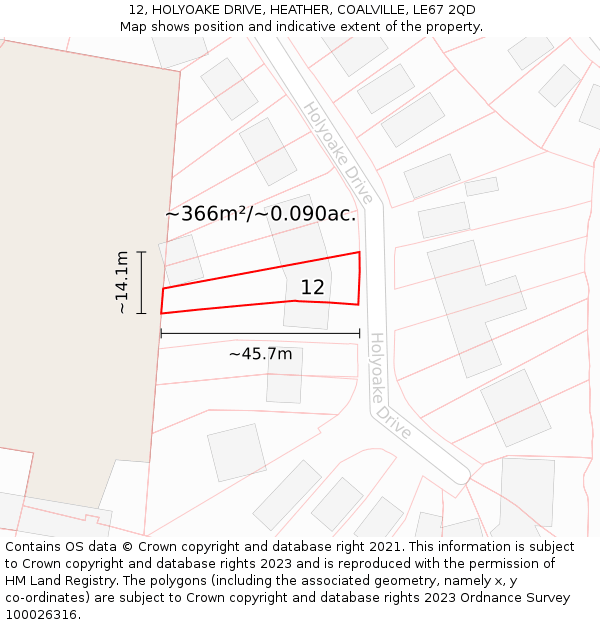 12, HOLYOAKE DRIVE, HEATHER, COALVILLE, LE67 2QD: Plot and title map