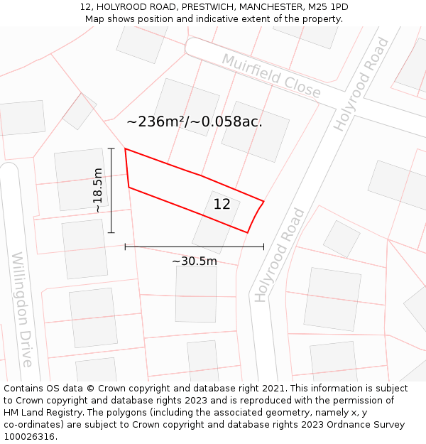 12, HOLYROOD ROAD, PRESTWICH, MANCHESTER, M25 1PD: Plot and title map